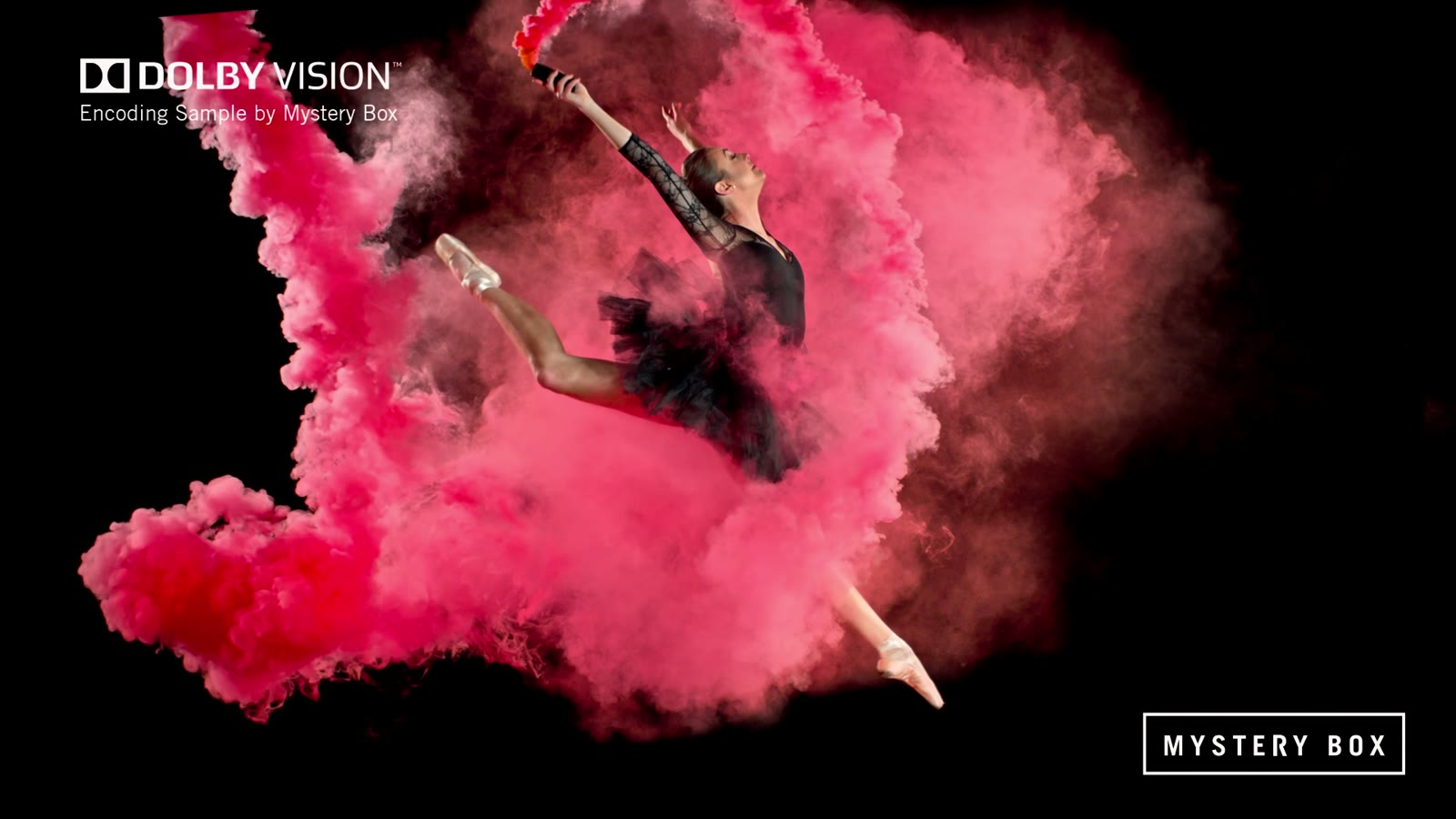 A dancer in red smoke from the Dolby Vision Profile 5 sample, as Stoic shows it